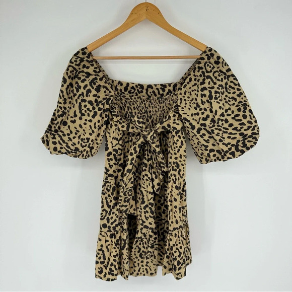 Faithful the Brand Leopard Cheetah Print 100% Cotton Puff Sleeve Mini Dress - Picture 2 of 4